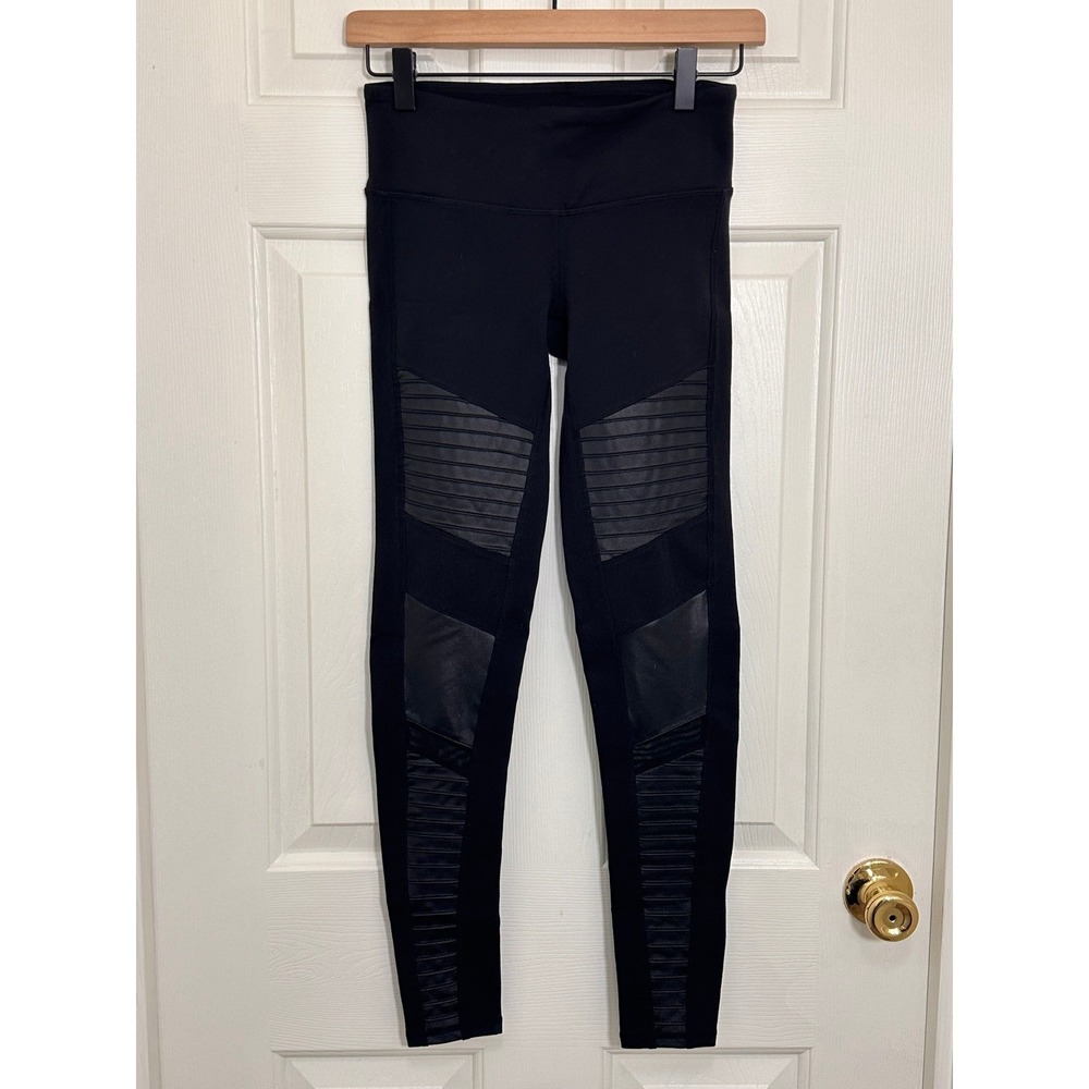 Alo Yoga Moto Leggings Black Faux Leather Quilted Paneled XS